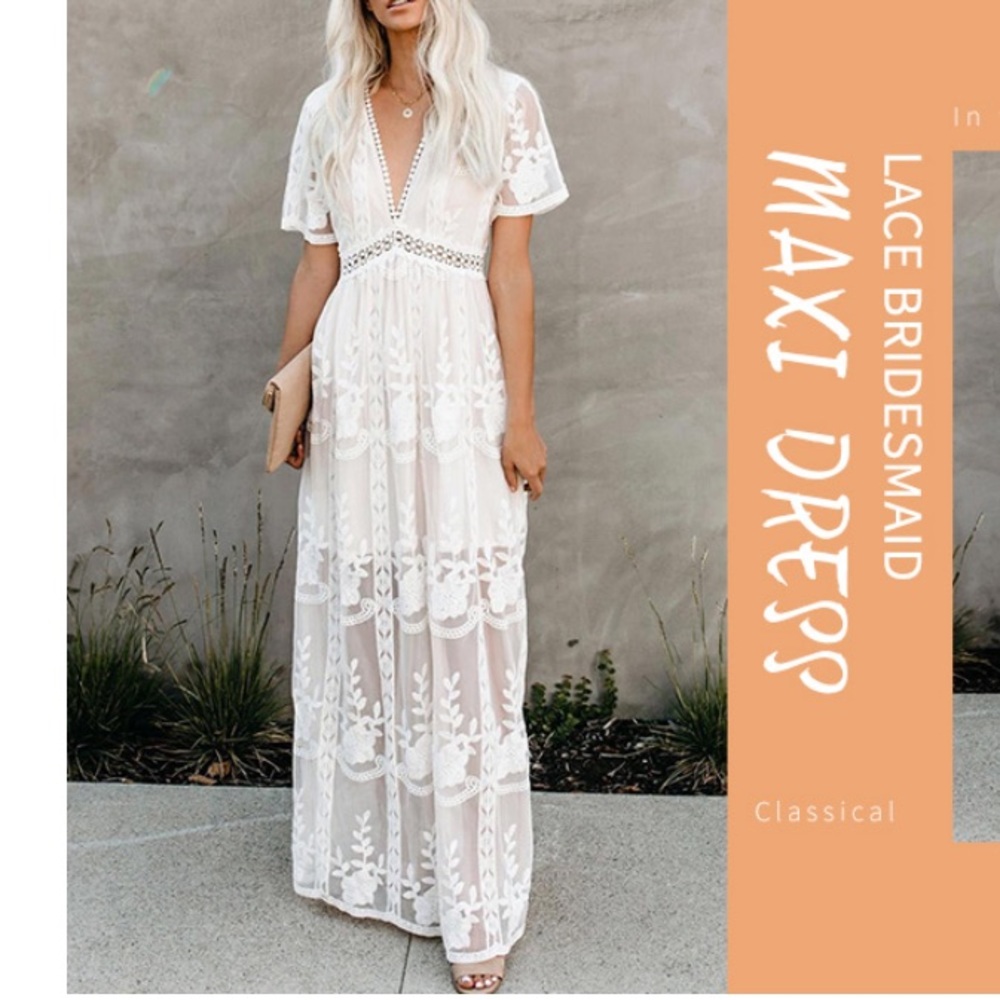 NWOT Ecosunny deep v neck short sleeve floral lace dress